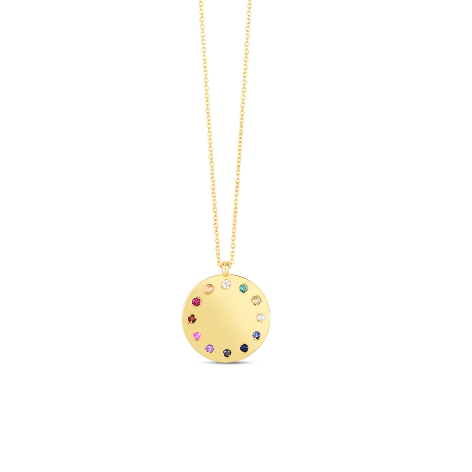 TLD Custom Jewelry 14K Yellow Gold Rainbow Gemstone & Diamond Dial Medallion Necklace with Lobster Clasp. 
